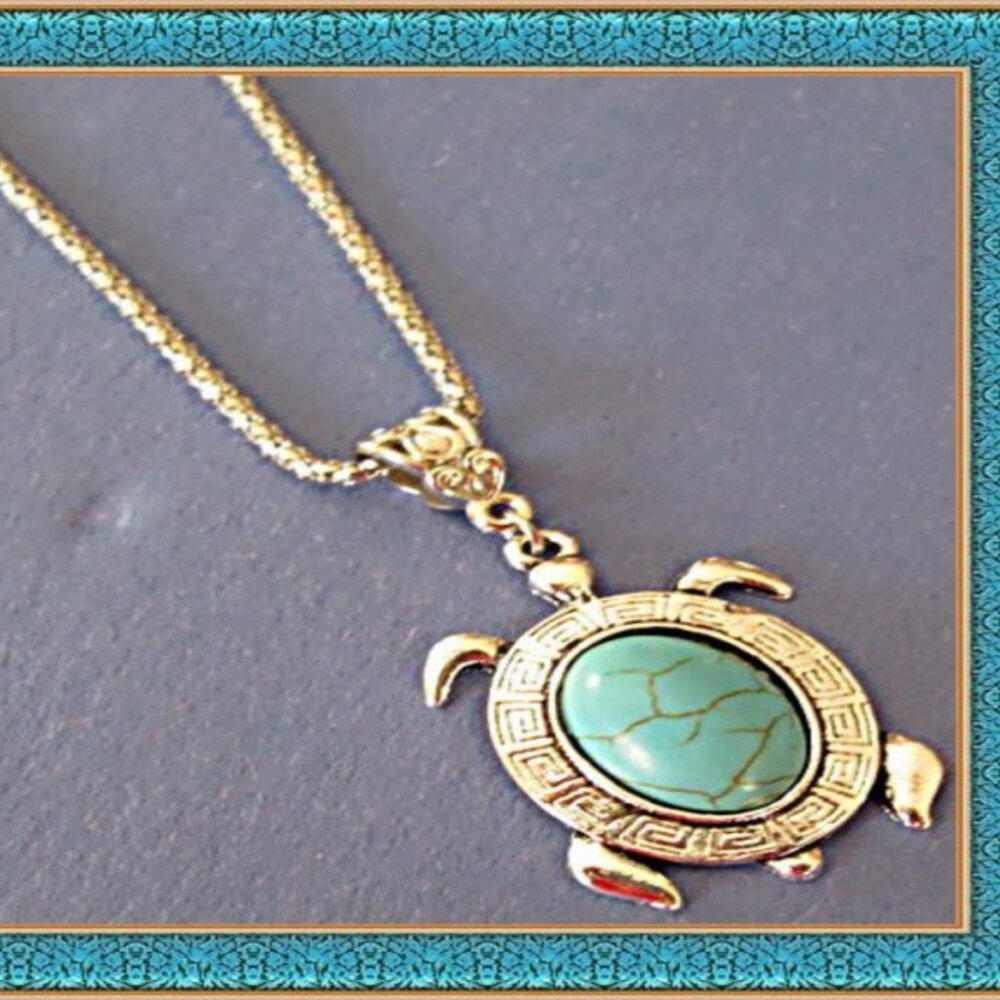 Tibetan Silver & Turquoise Turtle Design Necklace Native Ethnic Tribal Bohemian